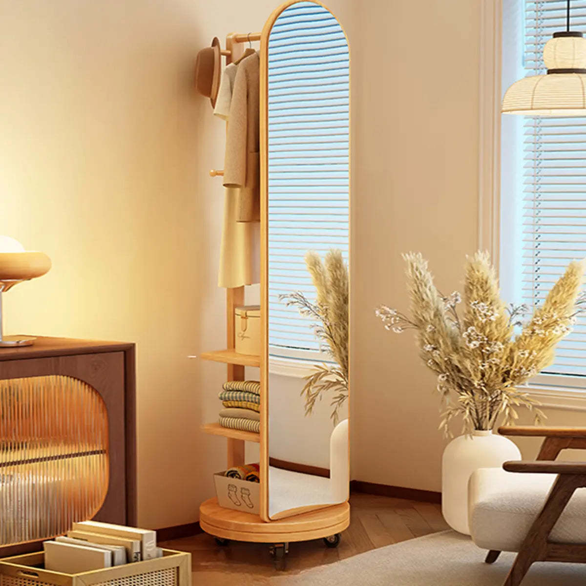 Mirror Brown Wood Coat Rack with Shelves and Hooks — Grey