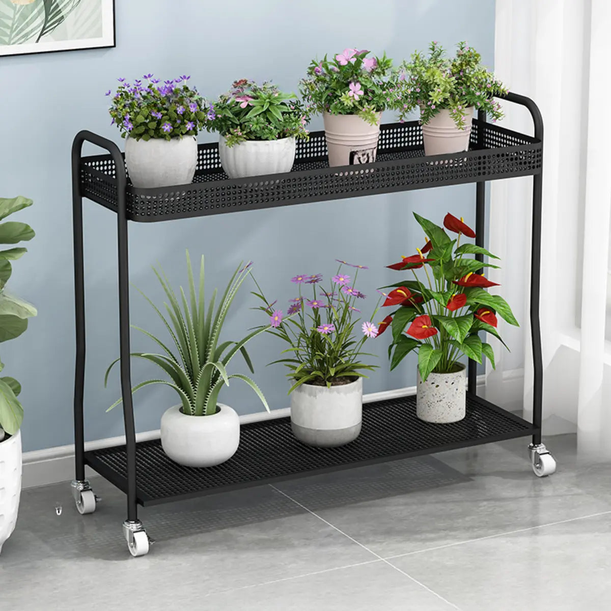 Modern 2-Tier Mesh Metal Sliding Plant Stand