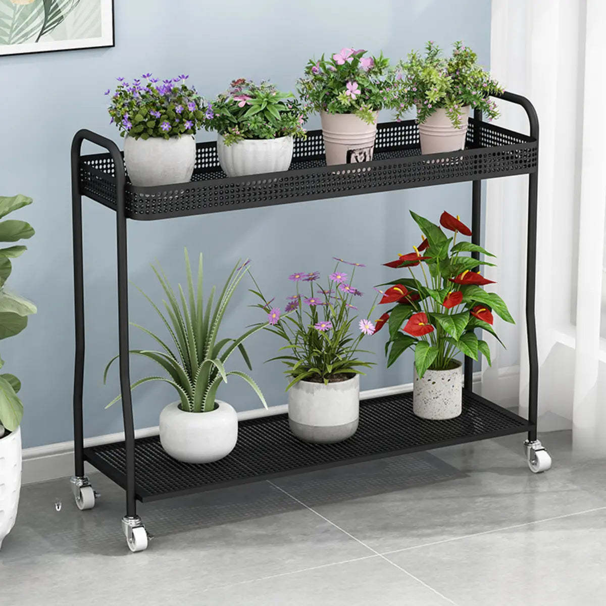 Modern 2-Tier Mesh Metal Sliding Plant Stand