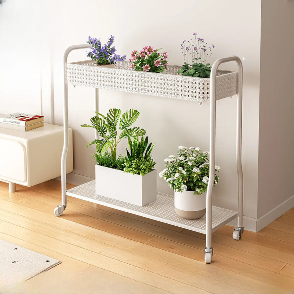 Modern 2-Tier Mesh Metal Sliding Plant Stand — White