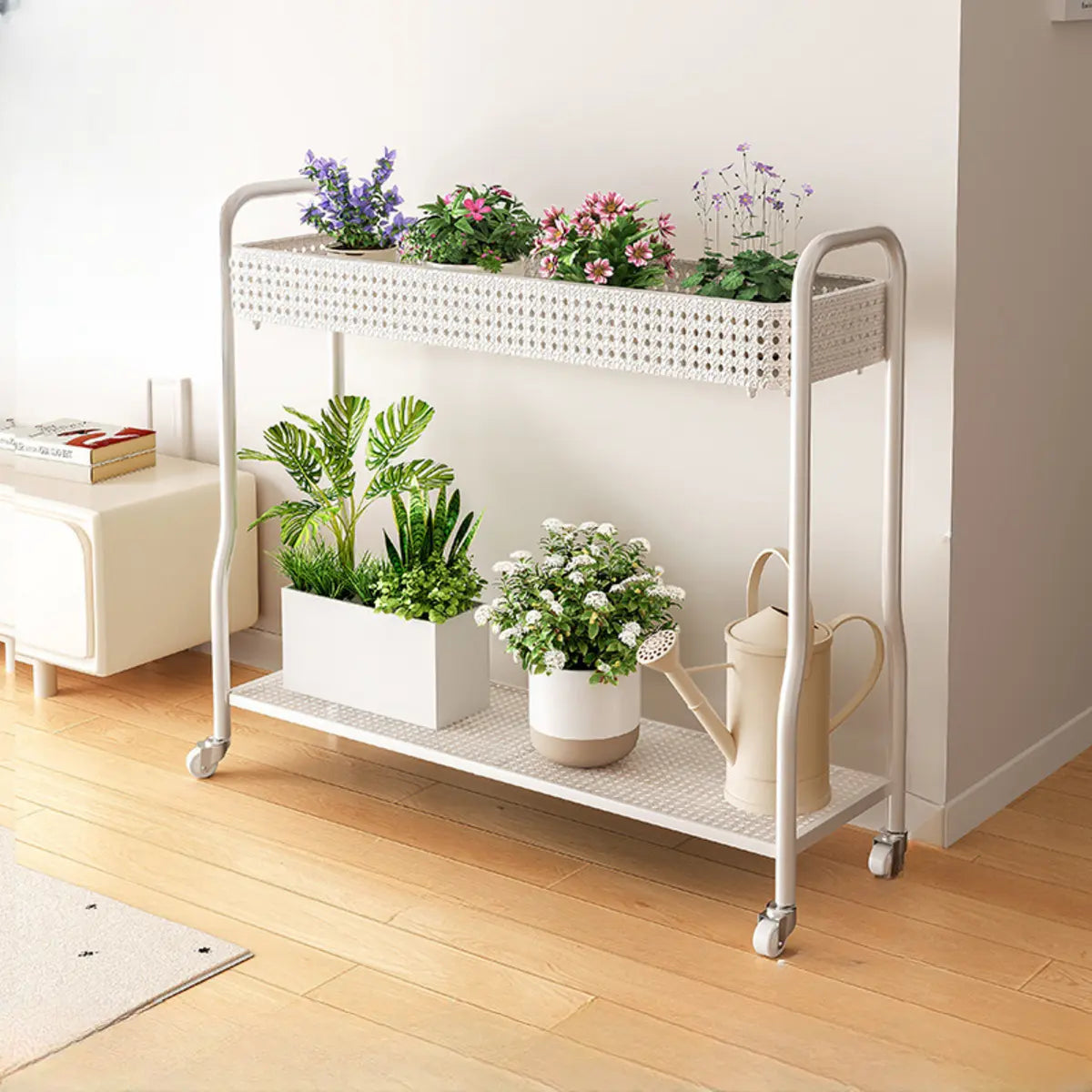 Modern 2-Tier Mesh Metal Sliding Plant Stand — Black