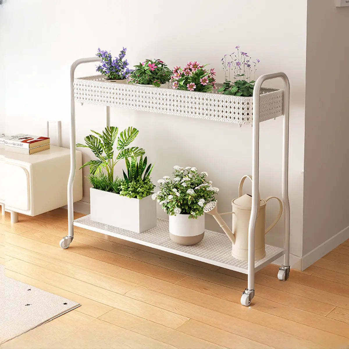 Modern 2-Tier Mesh Metal Sliding Plant Stand — Black
