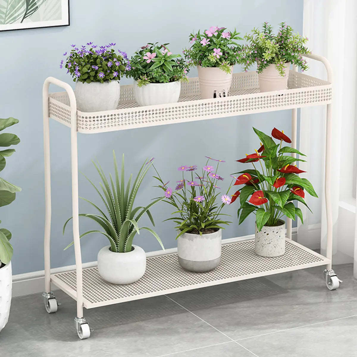 Modern 2-Tier Mesh Metal Sliding Plant Stand — White