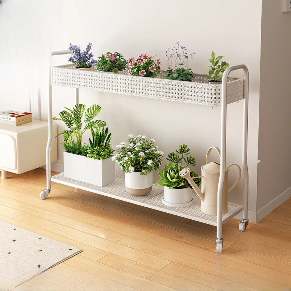 Modern 2-Tier Mesh Metal Sliding Plant Stand — Black