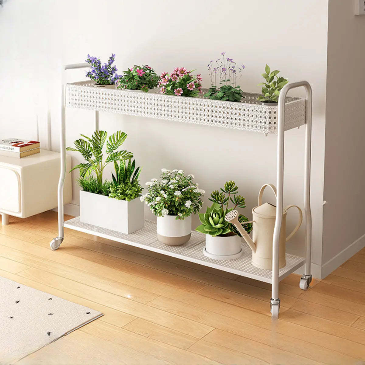 Modern 2-Tier Mesh Metal Sliding Plant Stand — Black
