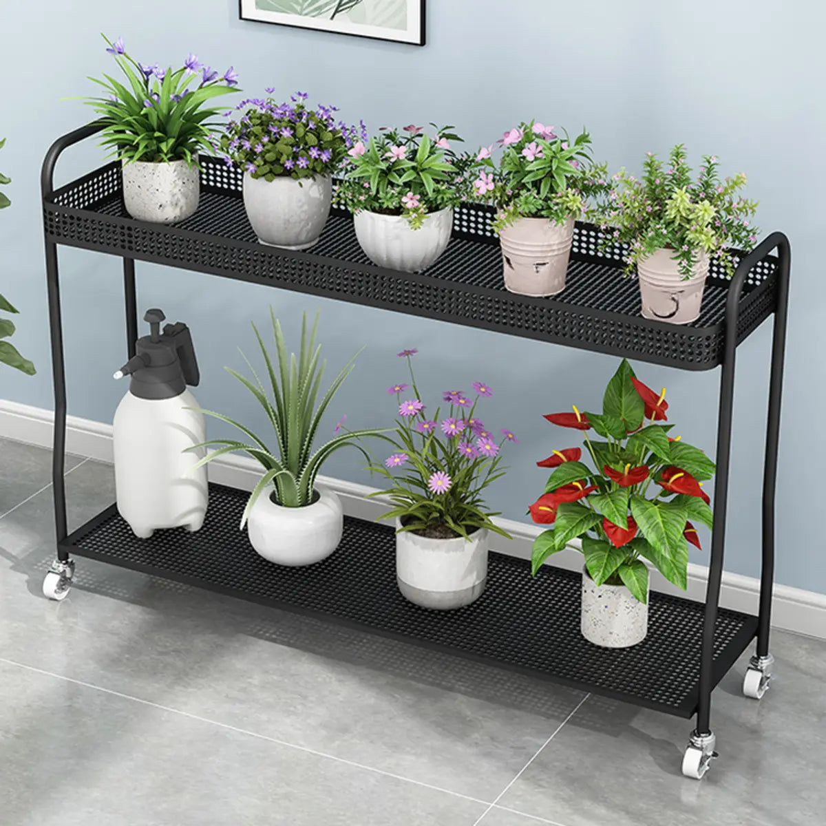 Modern 2-Tier Mesh Metal Sliding Plant Stand — White