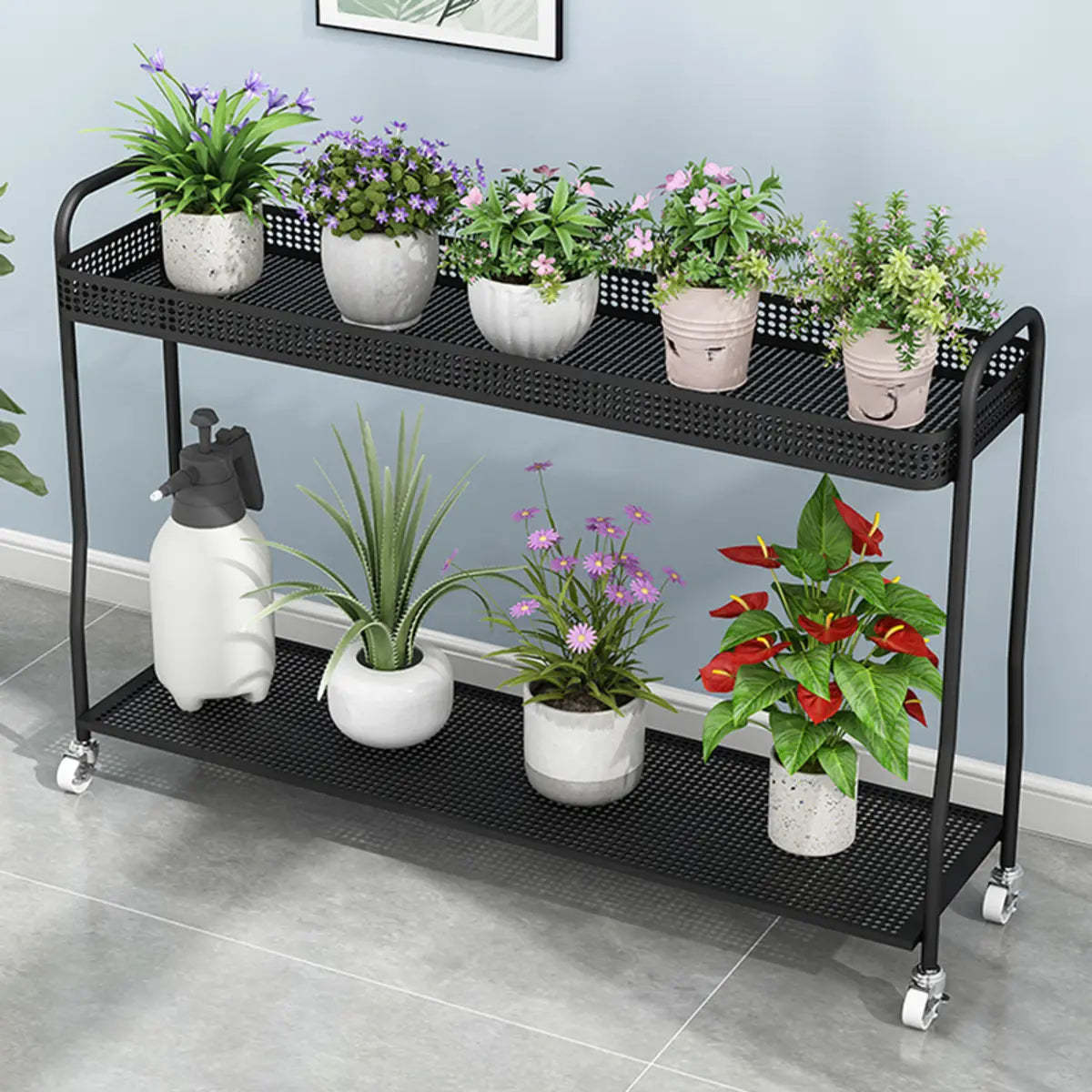 Modern 2-Tier Mesh Metal Sliding Plant Stand — White