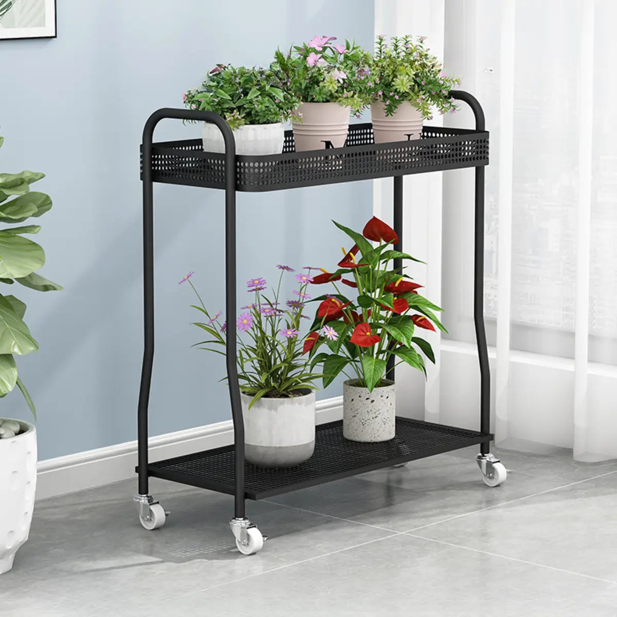 Modern 2-Tier Mesh Metal Sliding Plant Stand
