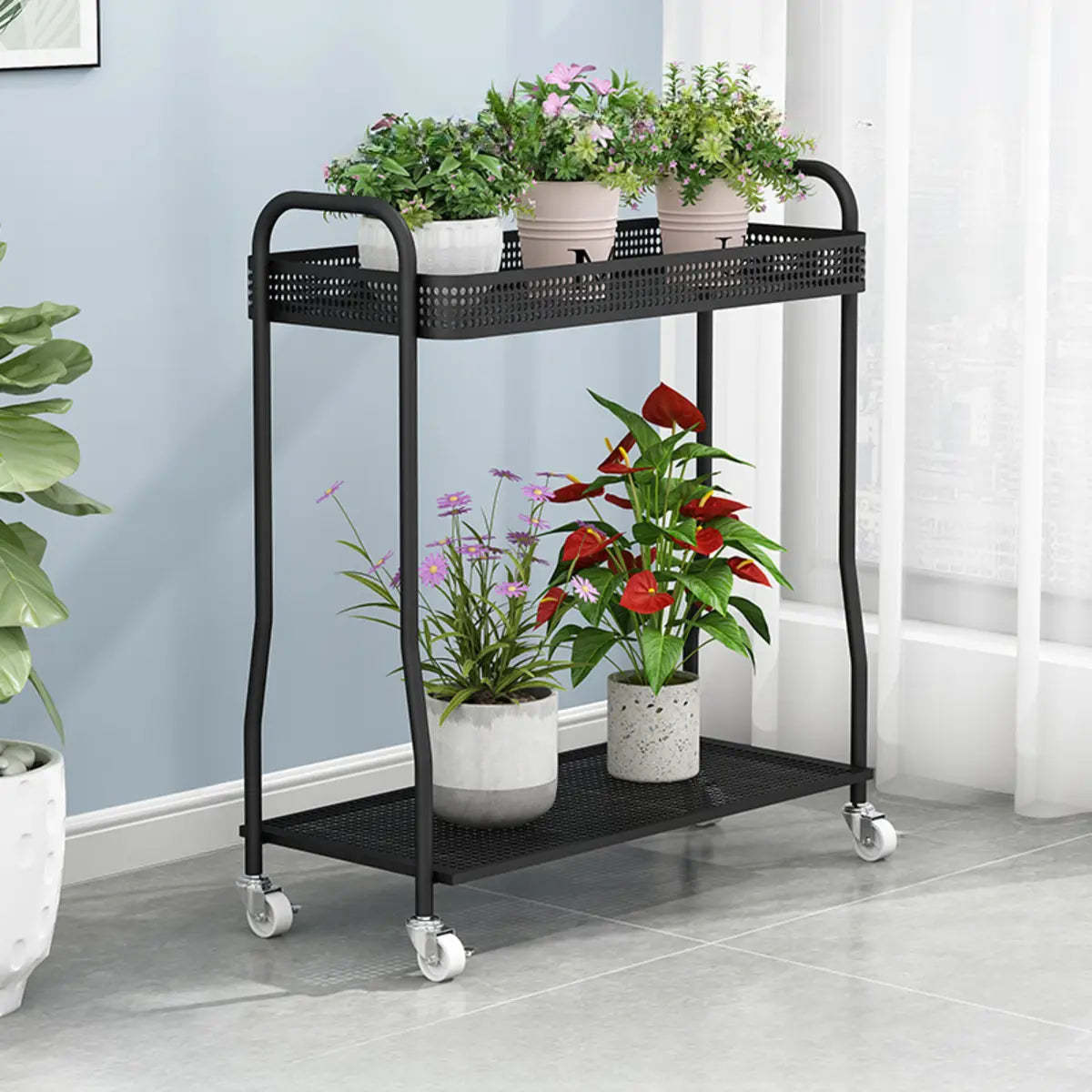 Modern 2-Tier Mesh Metal Sliding Plant Stand
