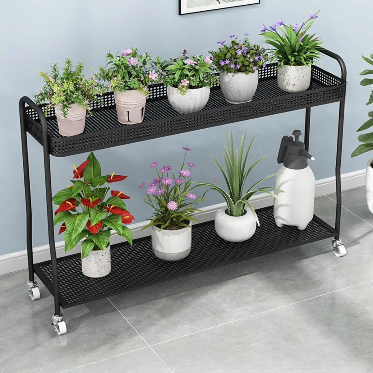 Modern 2-Tier Mesh Metal Sliding Plant Stand