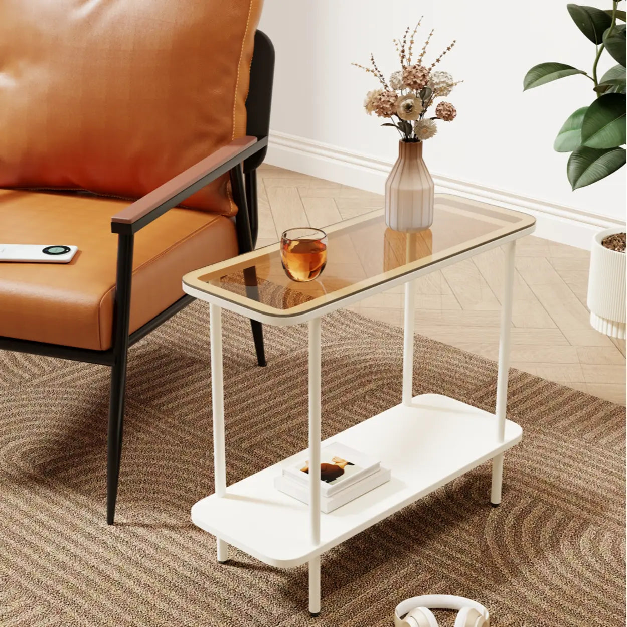Modern 2-Tier Glass Rectangular Side Table with Metal Base