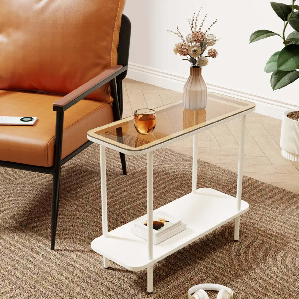 Modern 2-Tier Glass Rectangular Side Table with Metal Base — Black / Gray