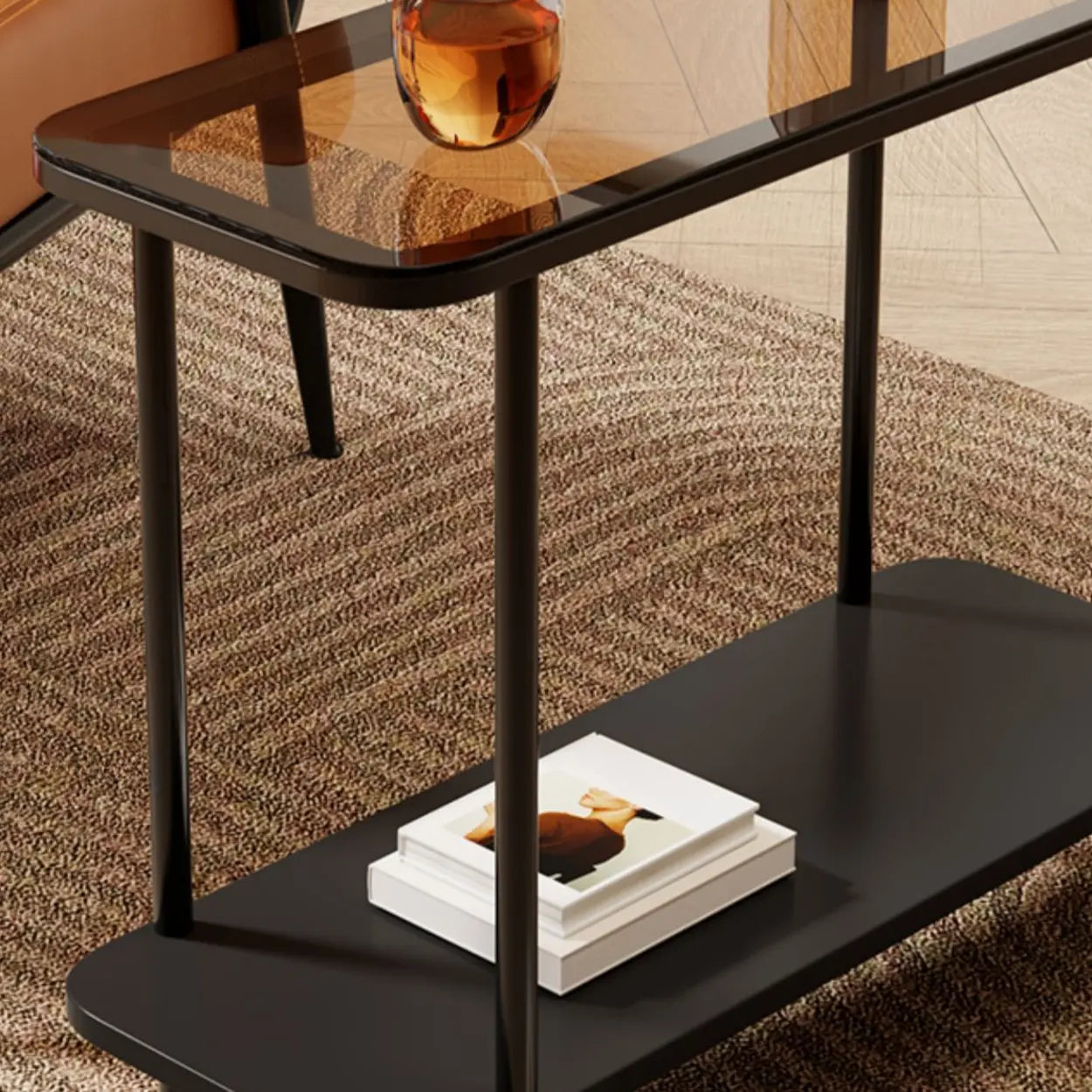Modern 2-Tier Glass Rectangular Side Table with Metal Base — Black / Tawny