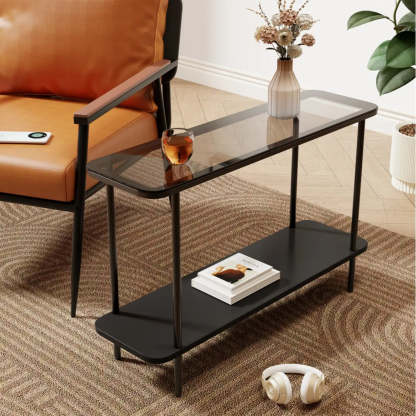 Modern 2-Tier Glass Rectangular Side Table with Metal Base — Black / Tawny