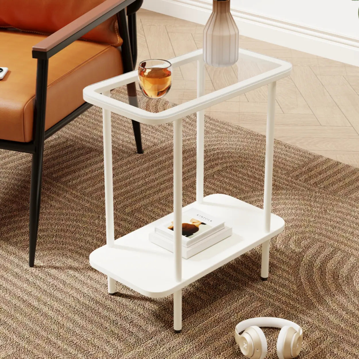 Modern 2-Tier Glass Rectangular Side Table with Metal Base — White / Clear