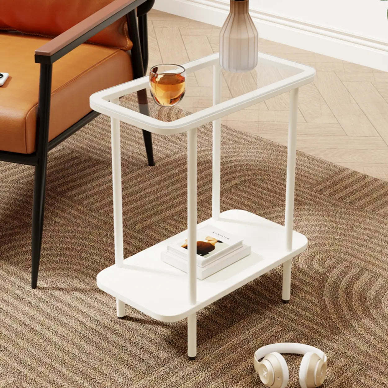 Modern 2-Tier Glass Rectangular Side Table with Metal Base — White / Clear