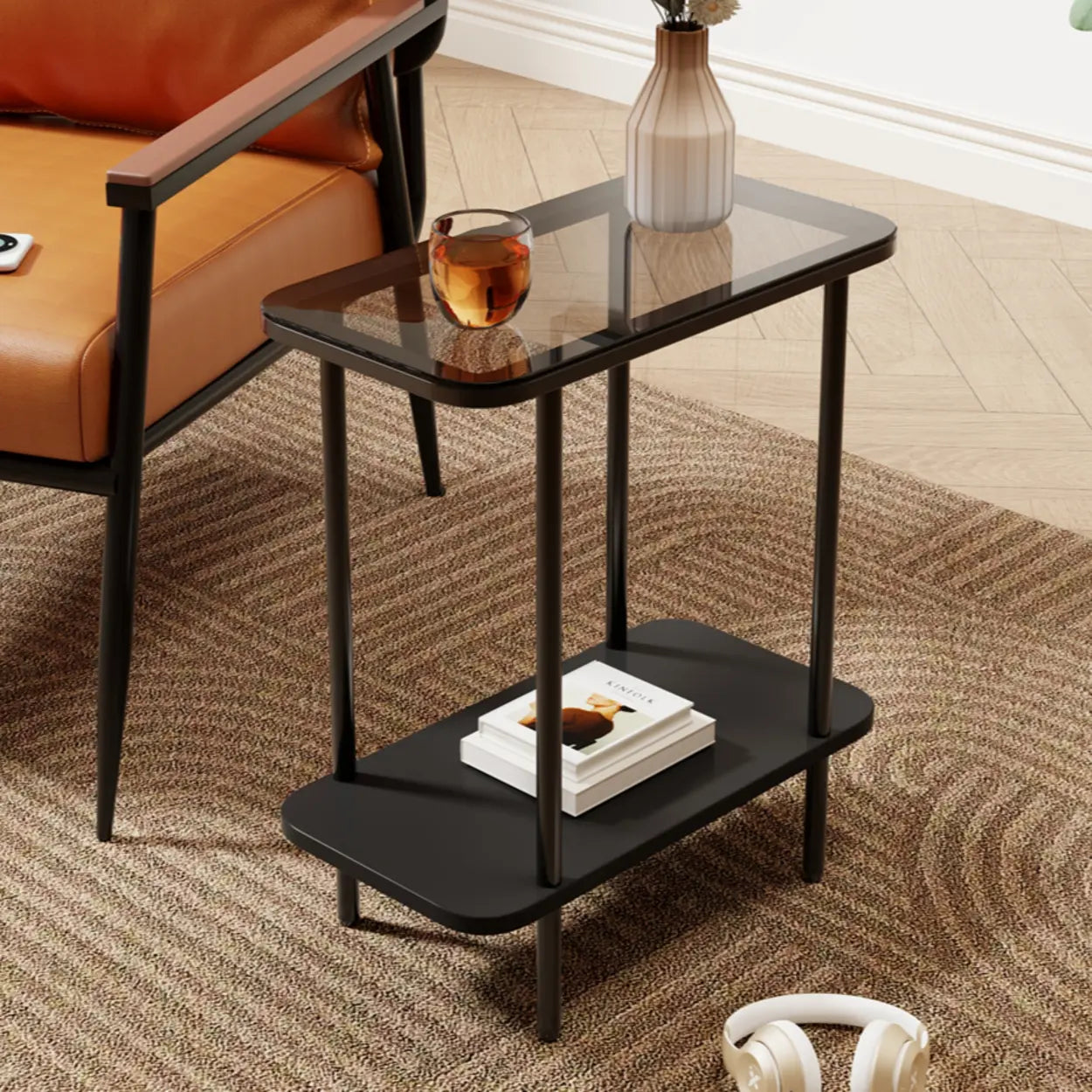 Modern 2-Tier Glass Rectangular Side Table with Metal Base — Black / Gray