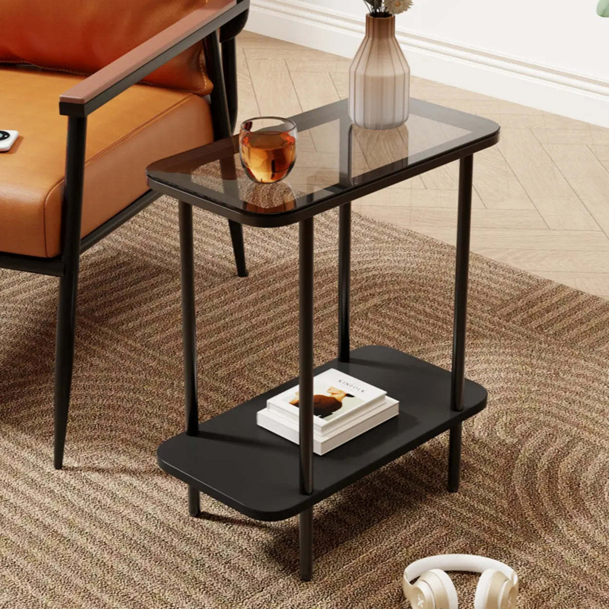 Modern 2-Tier Glass Rectangular Side Table with Metal Base — Black / Gray