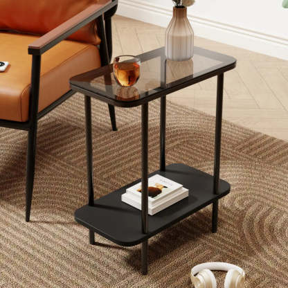 Modern 2-Tier Glass Rectangular Side Table with Metal Base — Black / Gray