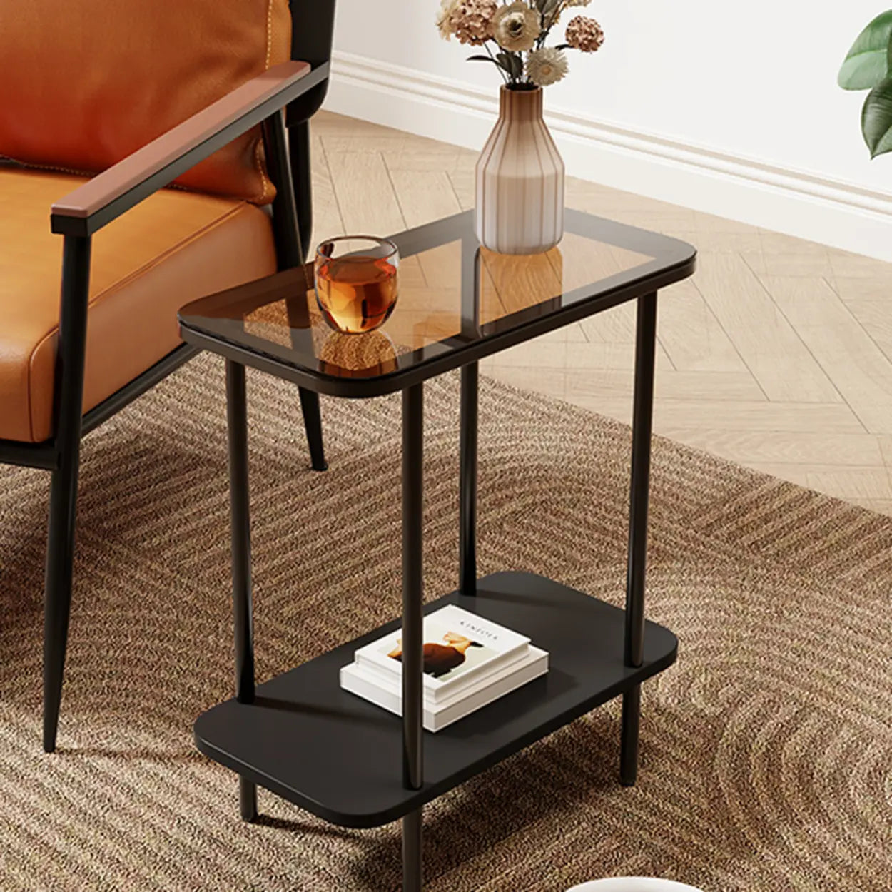 Modern 2-Tier Glass Rectangular Side Table with Metal Base — Black / Tawny