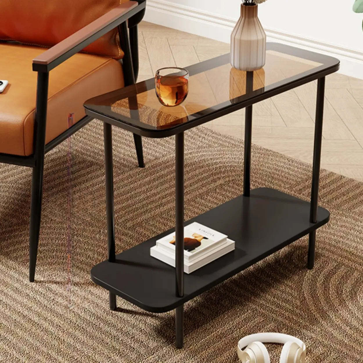 Modern 2-Tier Glass Rectangular Side Table with Metal Base — White / Clear