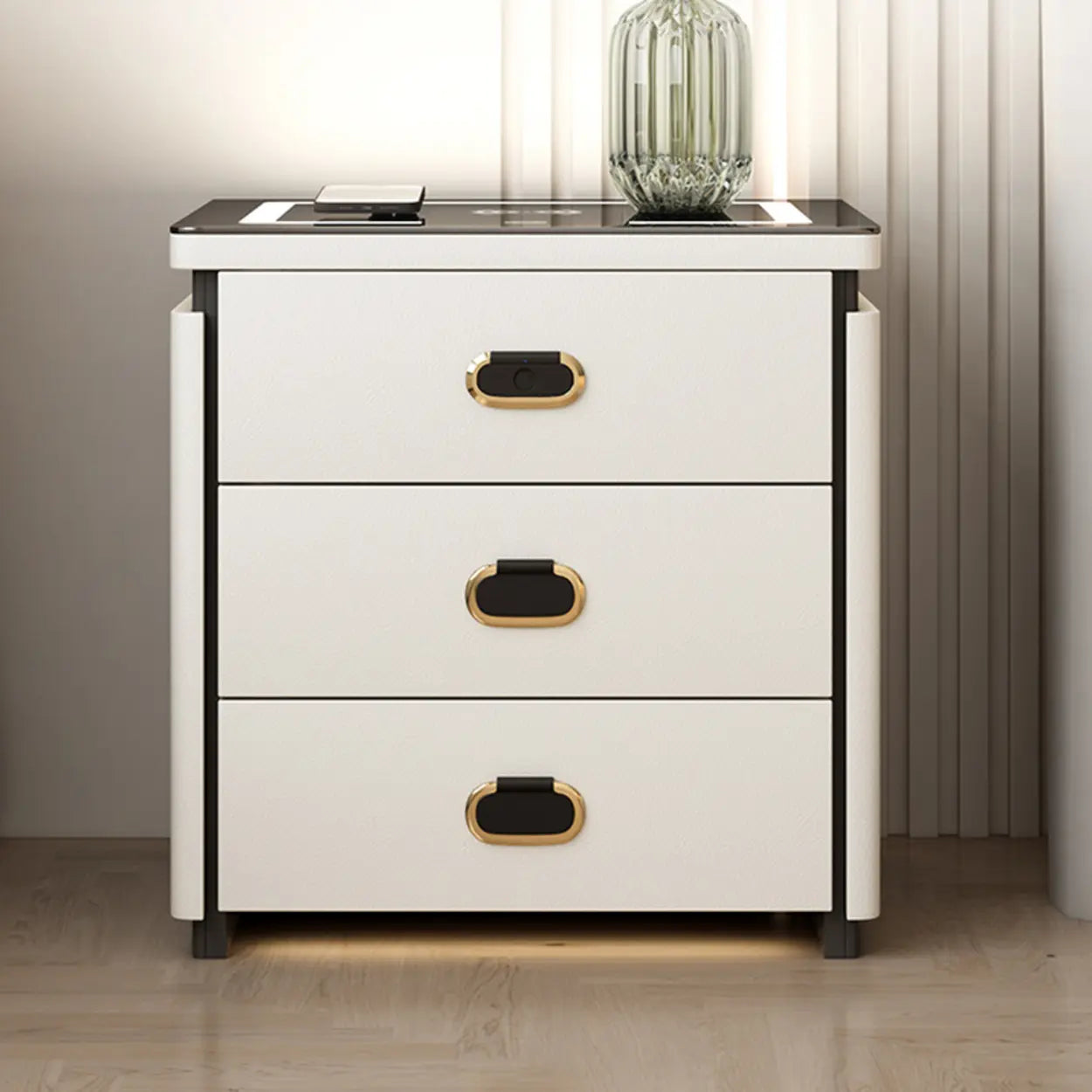 Modern 3-Drawer White Leather Nightstand with Lighting