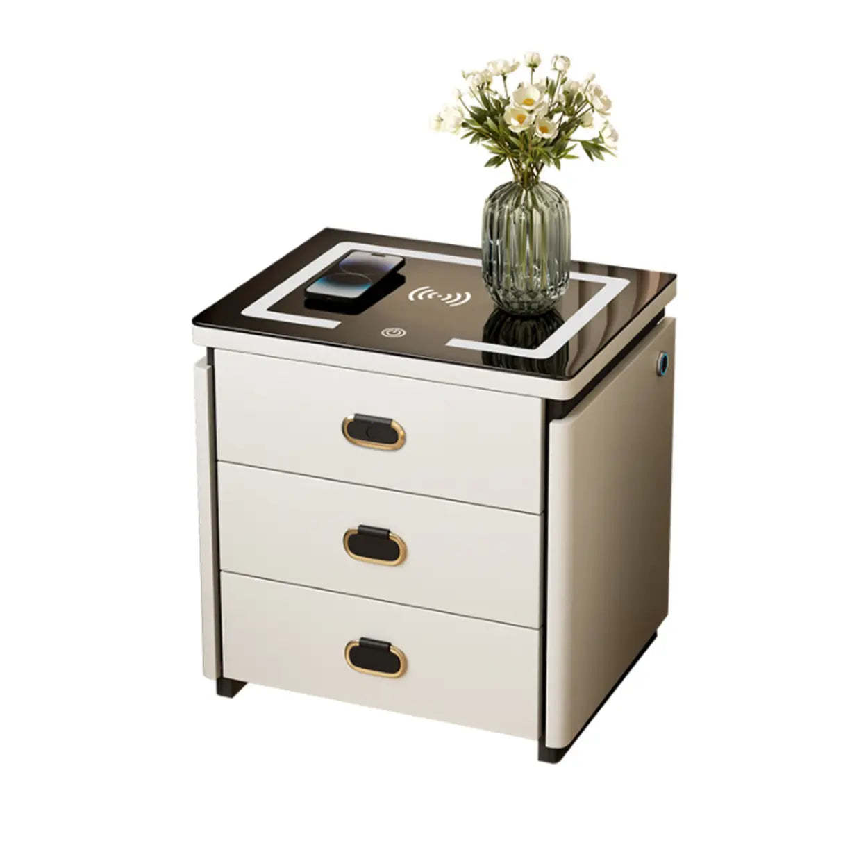 Modern 3-Drawer White Leather Nightstand with Lighting — Dark Gray