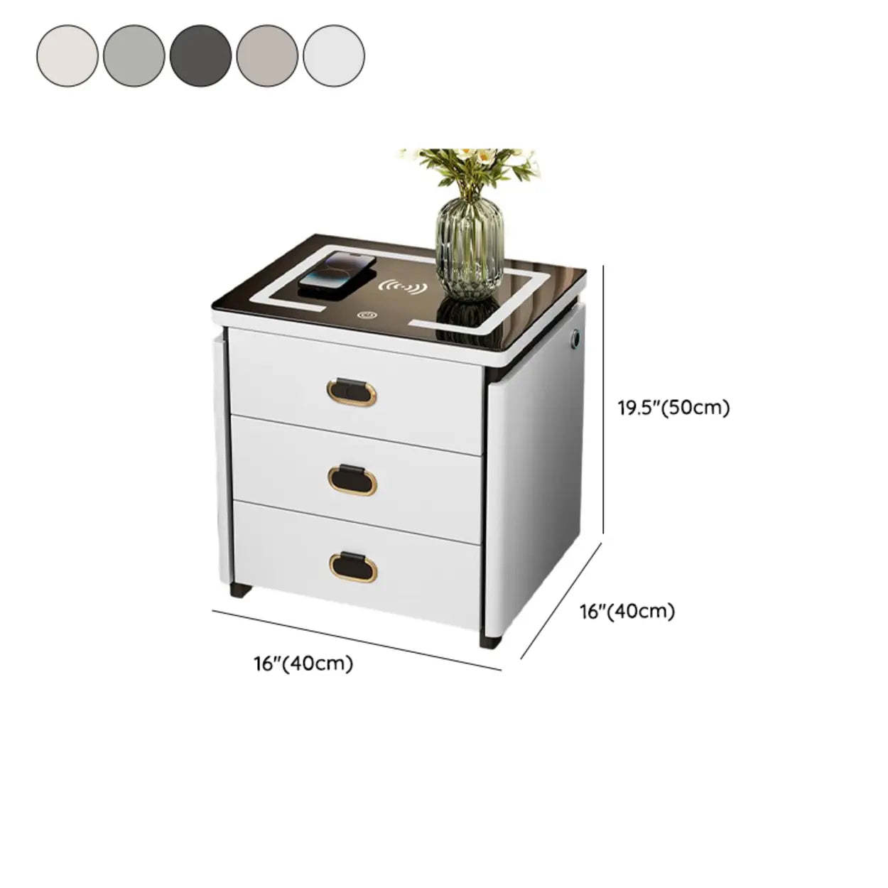 Modern 3-Drawer White Leather Nightstand with Lighting
