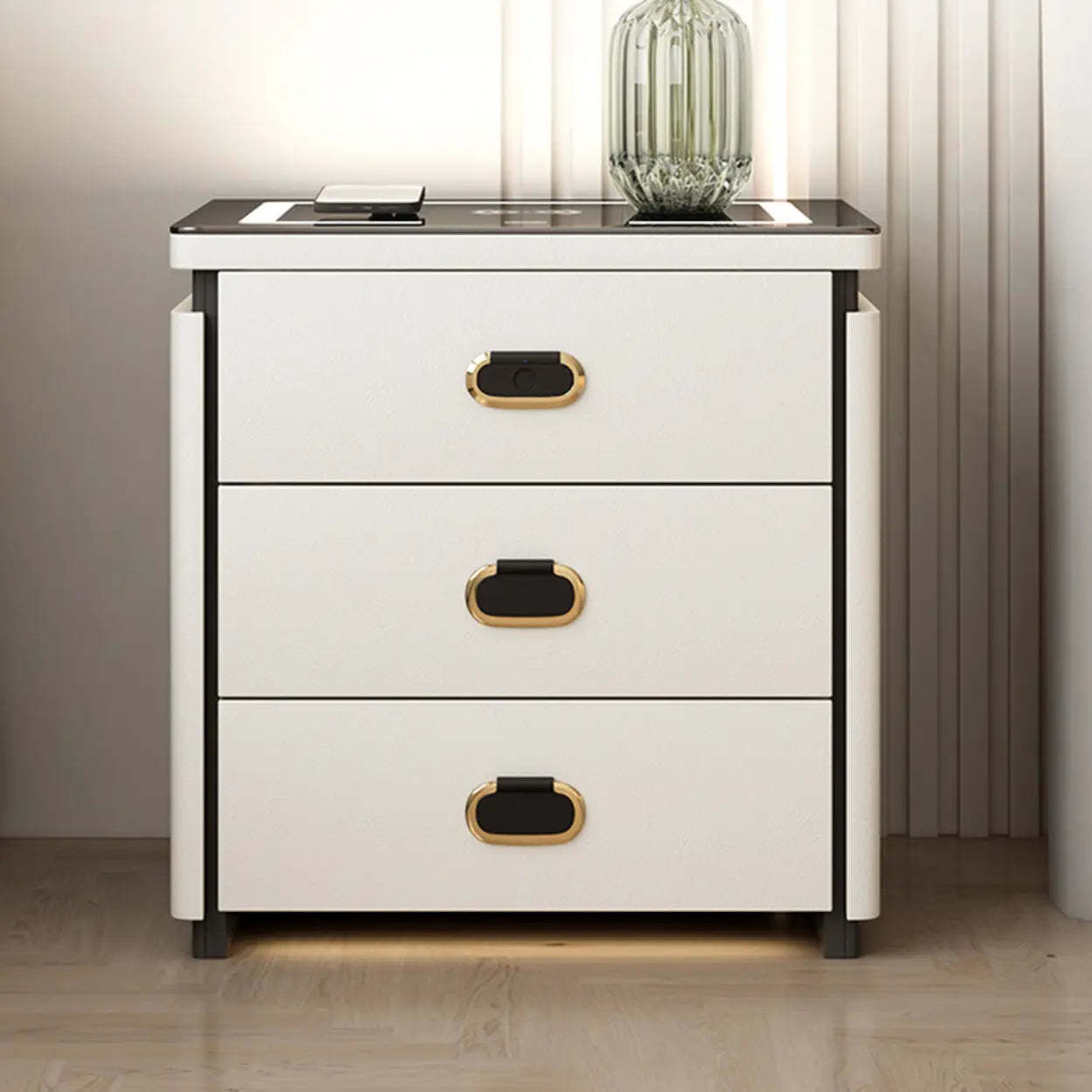 Modern 3-Drawer White Leather Nightstand with Lighting — White