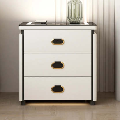 Modern 3-Drawer White Leather Nightstand with Lighting — White