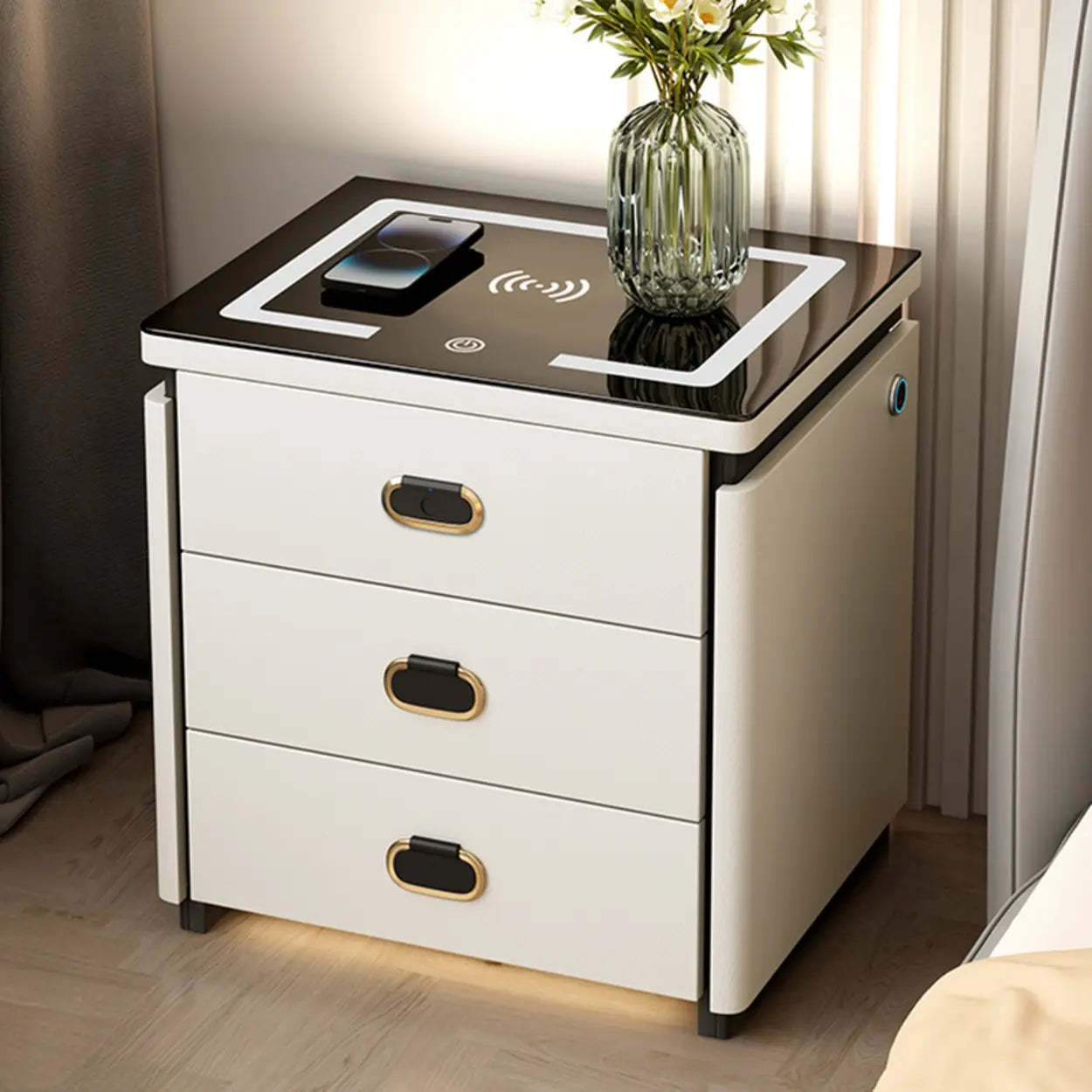 Modern 3-Drawer White Leather Nightstand with Lighting — Off-White