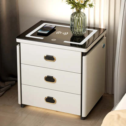 Modern 3-Drawer White Leather Nightstand with Lighting — Off-White