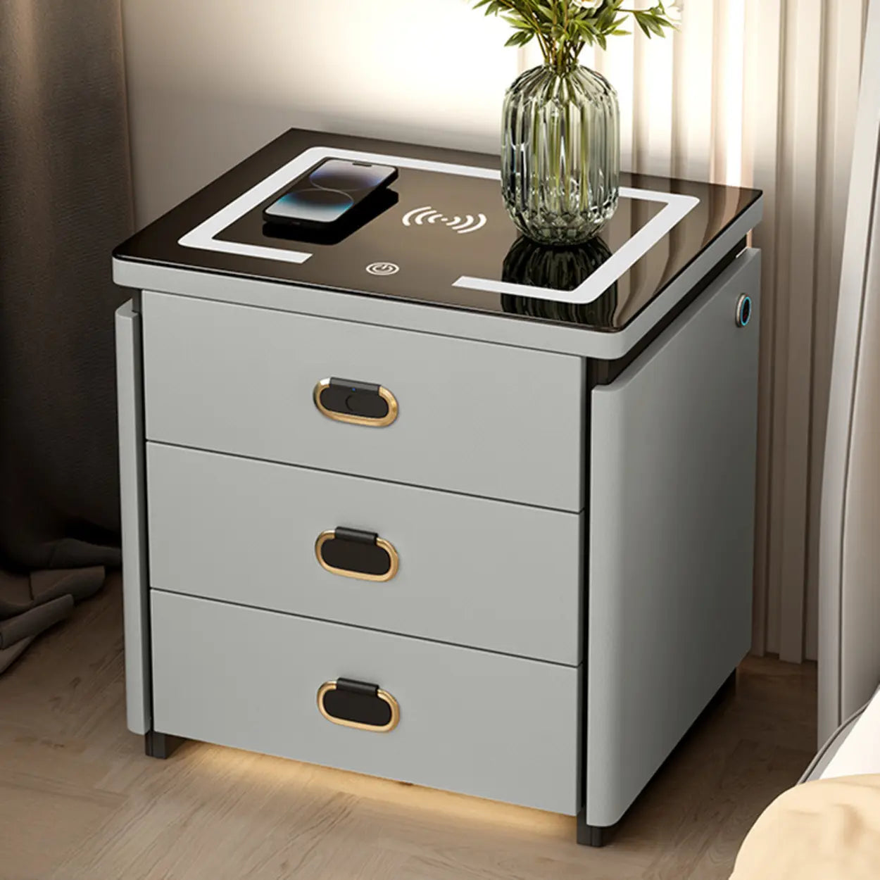 Modern 3-Drawer White Leather Nightstand with Lighting — Khaki