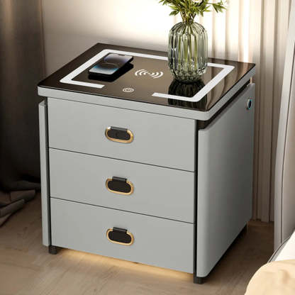 Modern 3-Drawer White Leather Nightstand with Lighting — Khaki