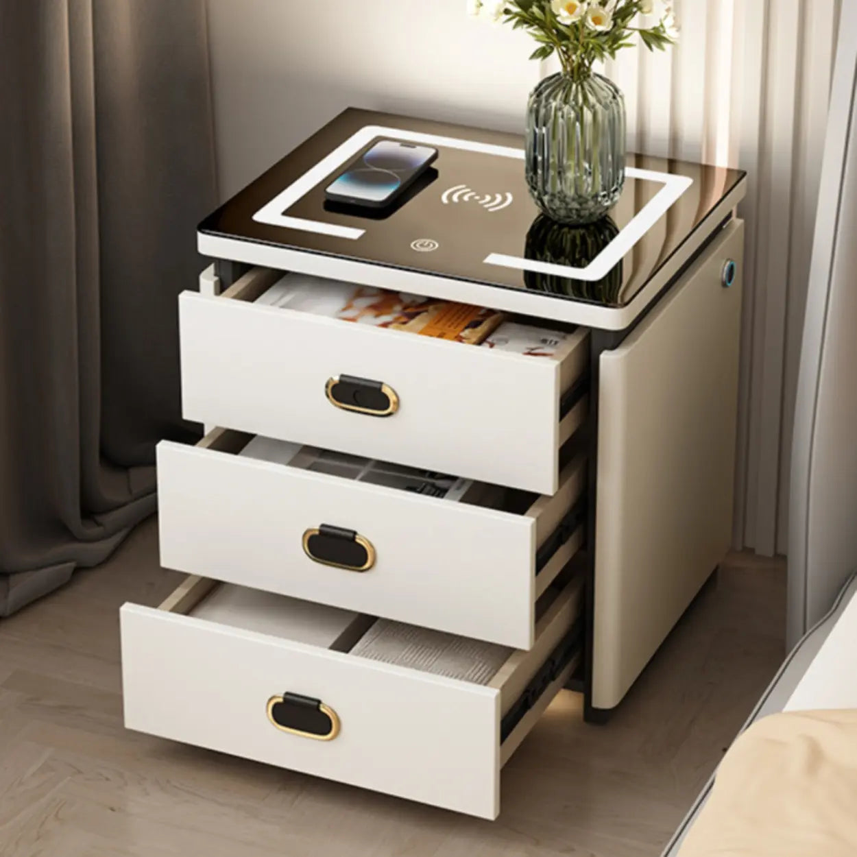 Modern 3-Drawer White Leather Nightstand with Lighting — Grey