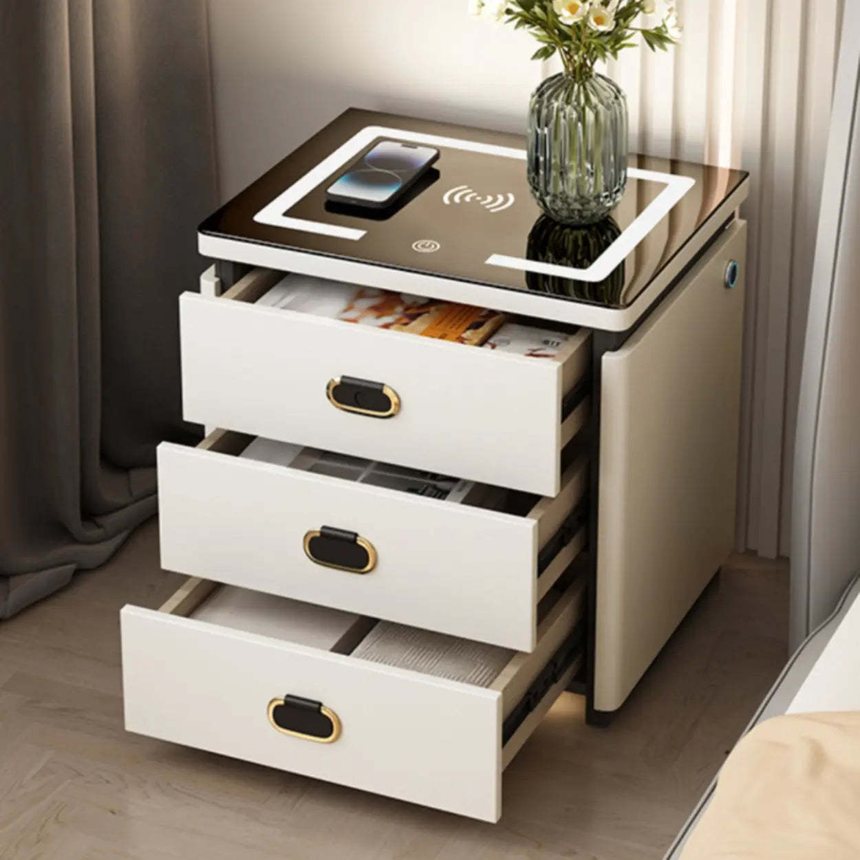 Modern 3-Drawer White Leather Nightstand with Lighting — Grey