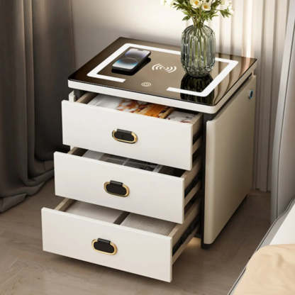 Modern 3-Drawer White Leather Nightstand with Lighting — Grey