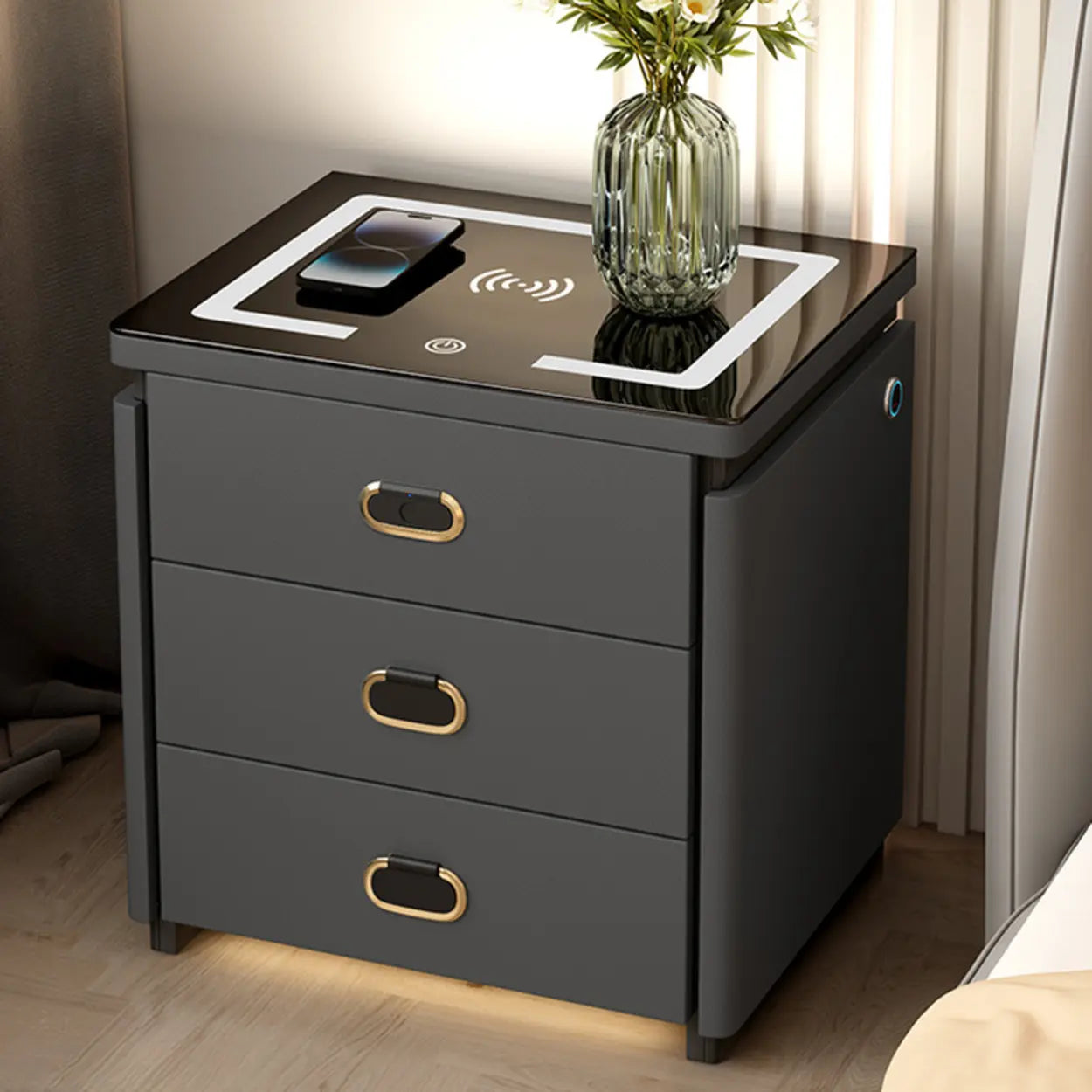 Modern 3-Drawer White Leather Nightstand with Lighting — Dark Gray