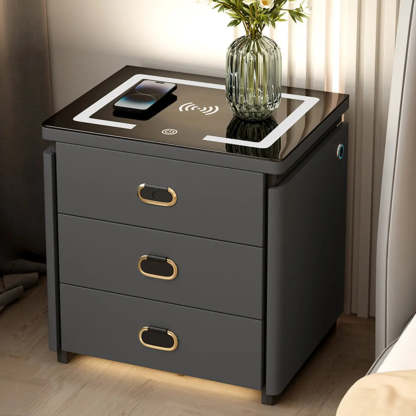 Modern 3-Drawer White Leather Nightstand with Lighting — Dark Gray