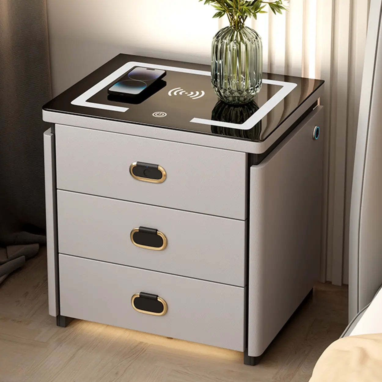 Modern 3-Drawer White Leather Nightstand with Lighting — Off-White