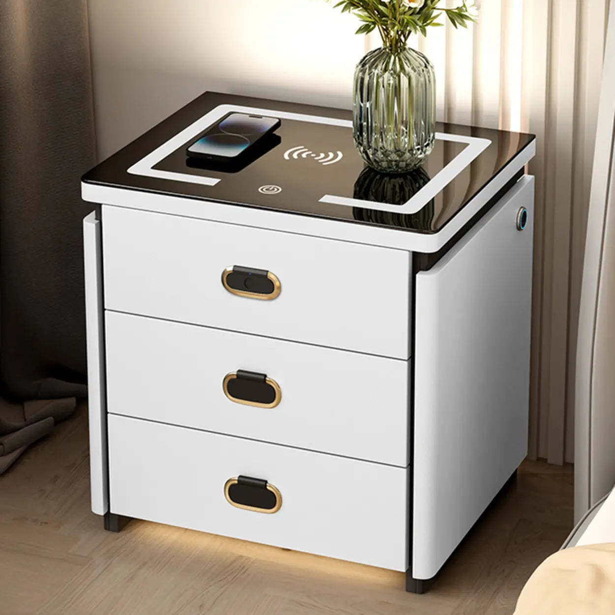 Lighom modern 3-drawer gray nightstands in leather — 16" L x 16" W x 20" H / White