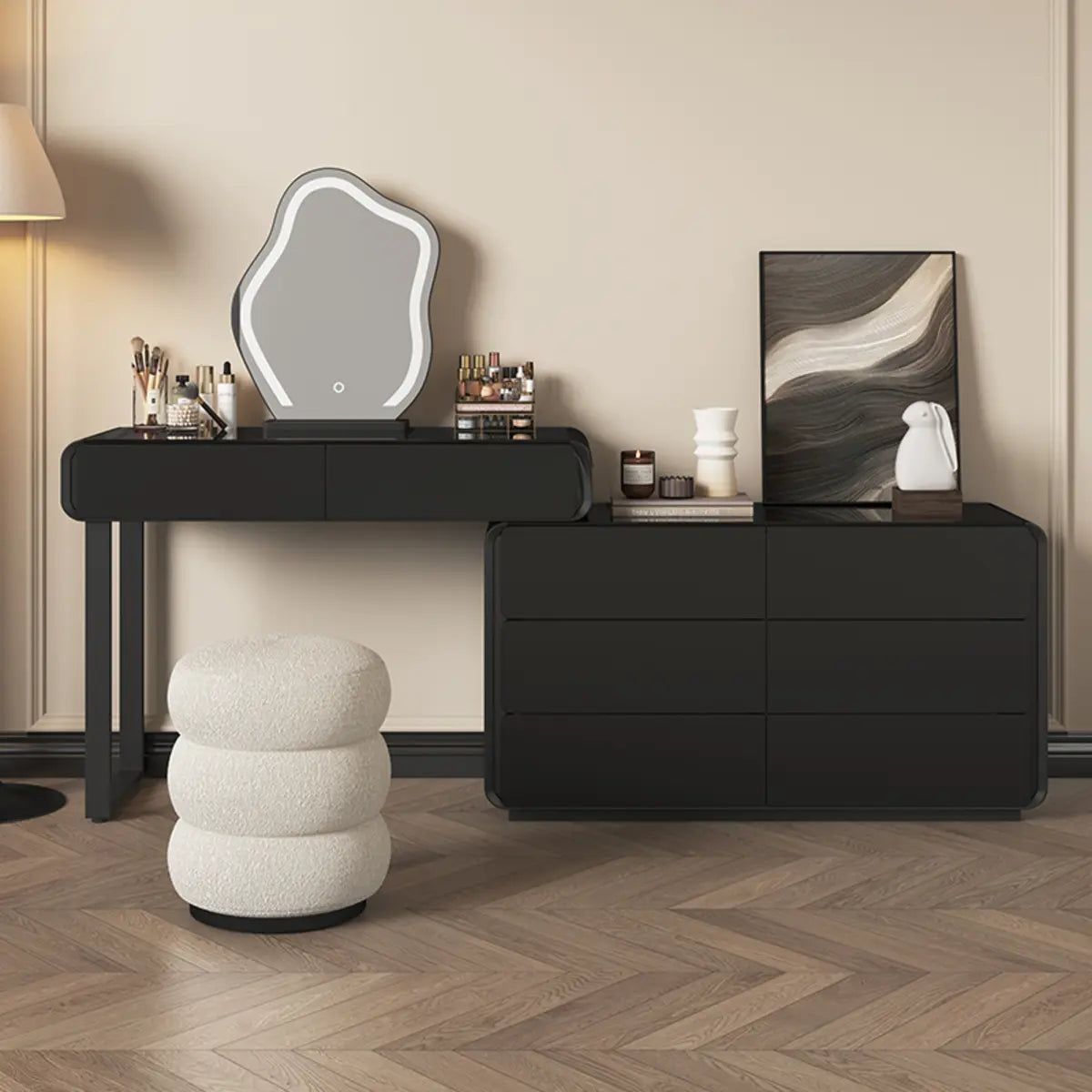 Modern Abstract Black Wood LED Mirror Vanity