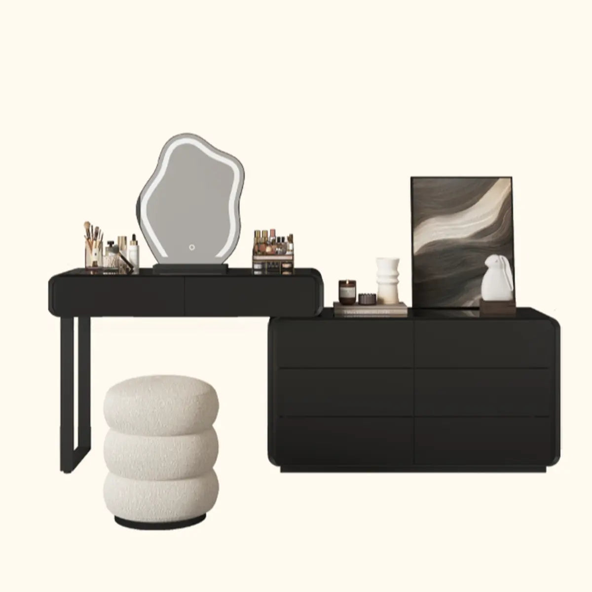 Modern Abstract Black Wood LED Mirror Vanity