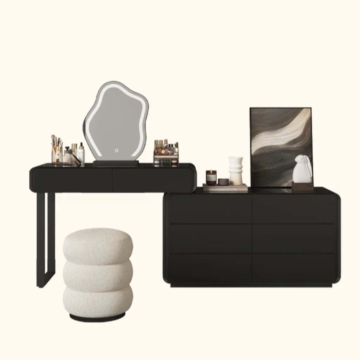 Modern Abstract Black Wood LED Mirror Vanity