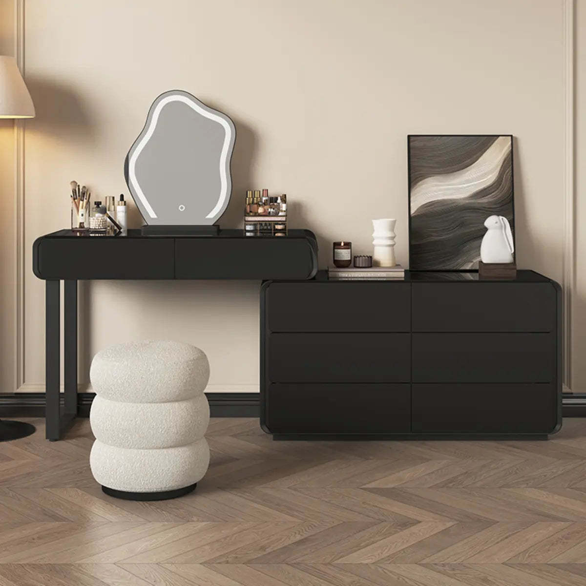 Modern Abstract Black Wood LED Mirror Vanity