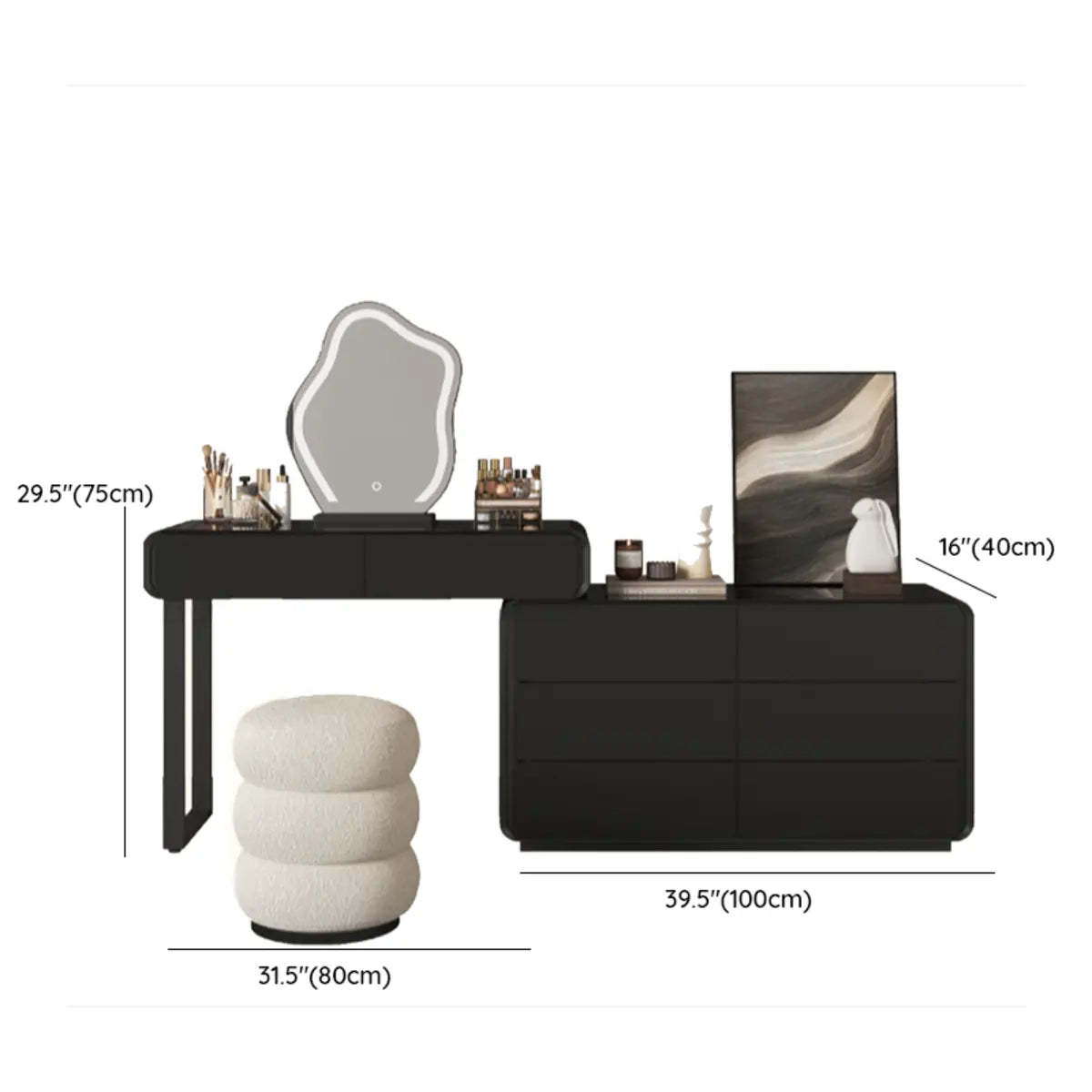 Modern Abstract Black Wood LED Mirror Vanity