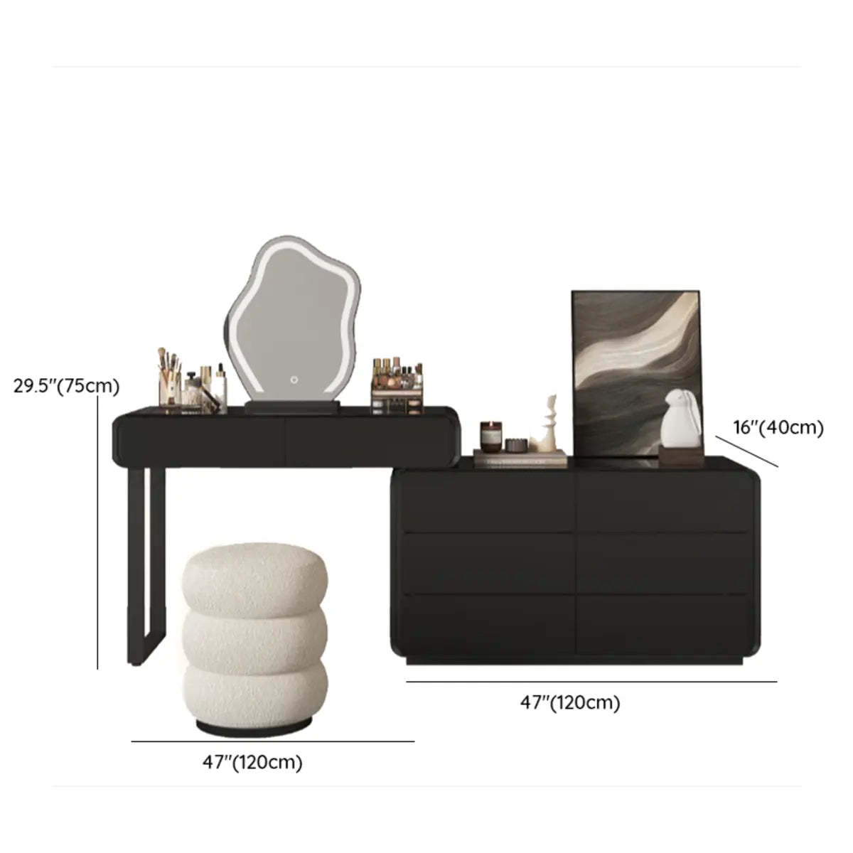 Modern Abstract Black Wood LED Mirror Vanity