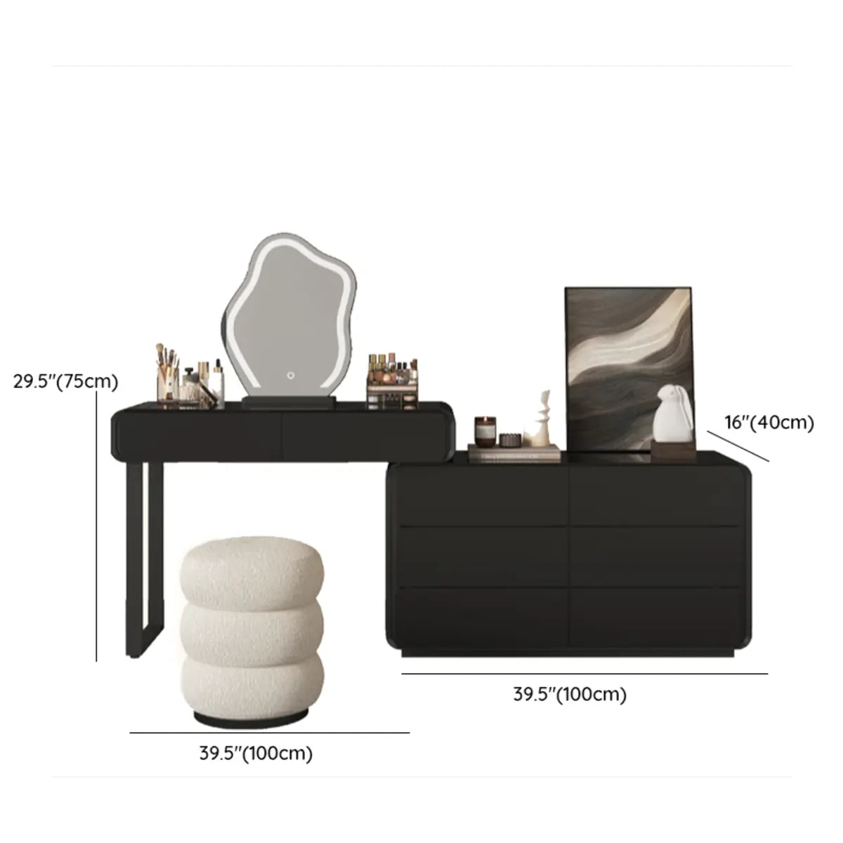 Modern Abstract Black Wood LED Mirror Vanity