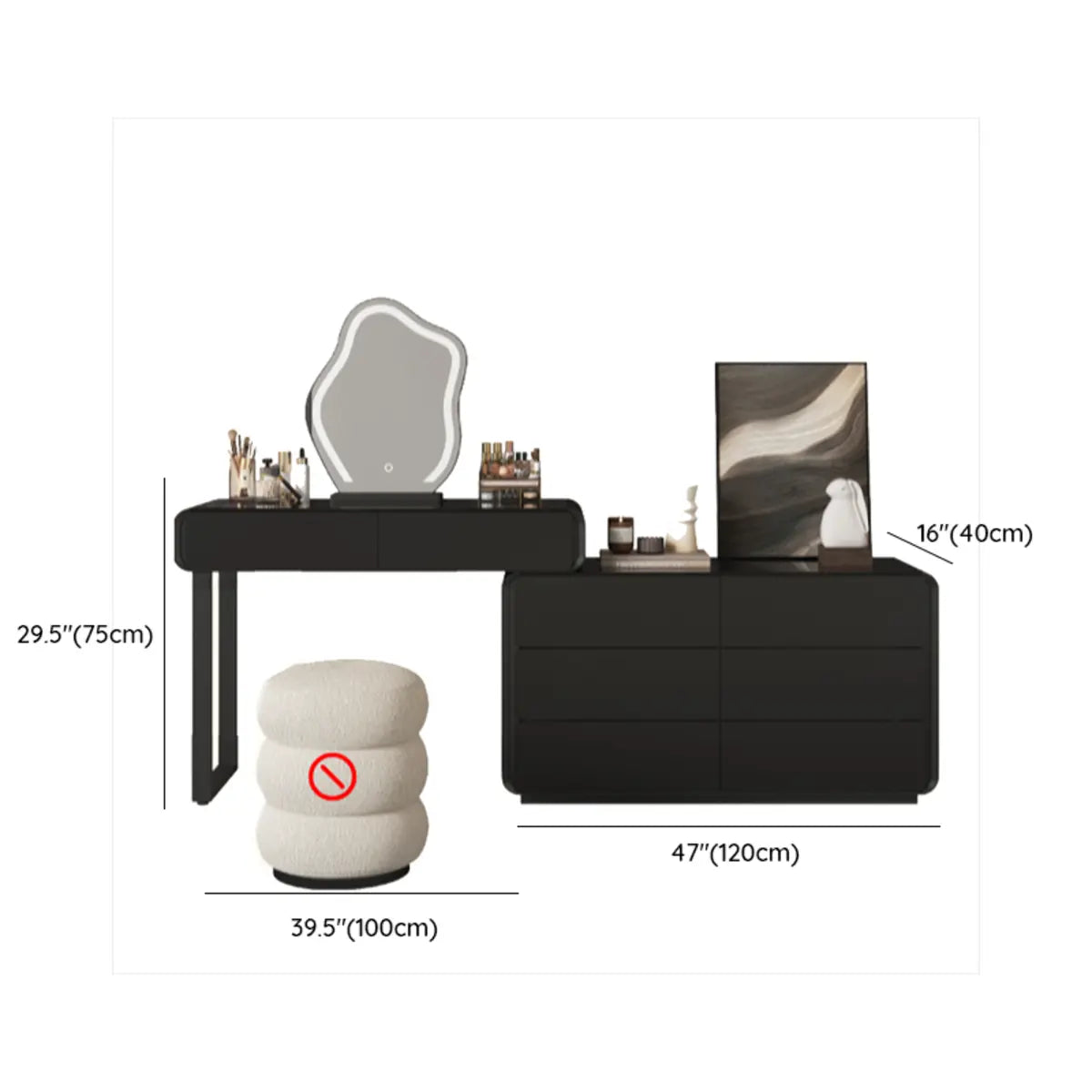 Modern Abstract Black Wood LED Mirror Vanity