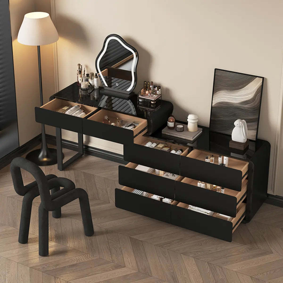 Modern Abstract Black Wood LED Mirror Vanity